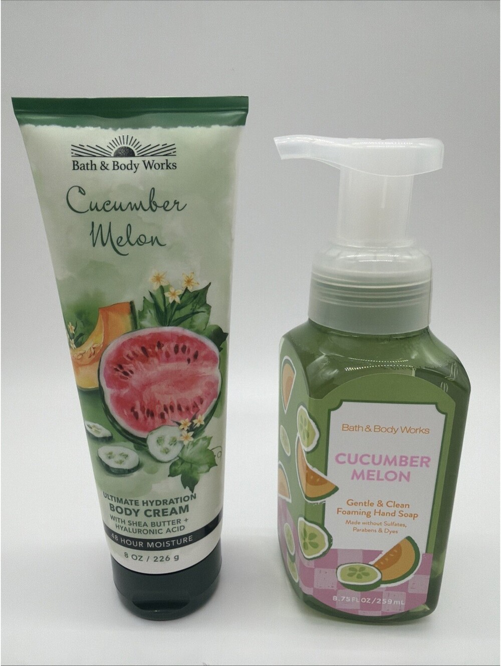 Bath &Body Works CUCUMBER MELON 8 Oz Body Cream & Hand Soap Foam 8.75 Oz NEW